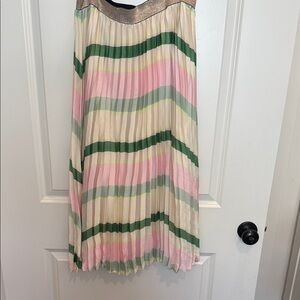 Striped Pleated Midi Skirt in Pink, Green & Cream